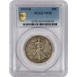 1919 D 50C Walking Liberty Silver Half Dollar PCGS Secure Gold Shield VF30 Coin