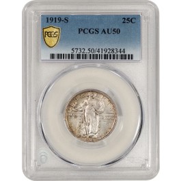 1919 S 25C Standing Liberty Quarter Silver PCGS Secure Gold Shield AU50 Coin