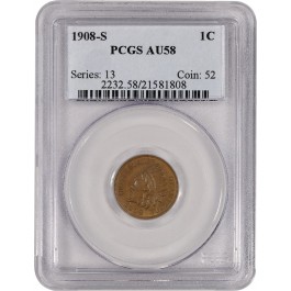 1908 S 1C Indian Head Cent PCGS AU58 About Uncirculated Key Date Coin