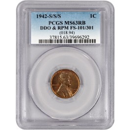 1942 S/S/S 1C Lincoln Wheat Cent DDO & RPM FS-101/301 PCGS MS63 RB Red Brown