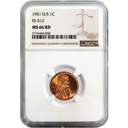 1951 D/S 1C Lincoln Wheat Cent FS-512 NGC MS66 RD Red Gem Uncirculated Coin