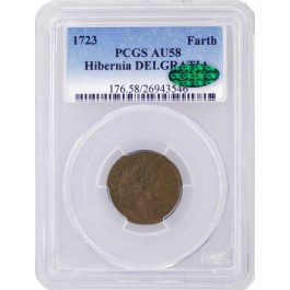 1723 William Wood Hibernia Farthing DEI Gratia PCGS AU58 CAC