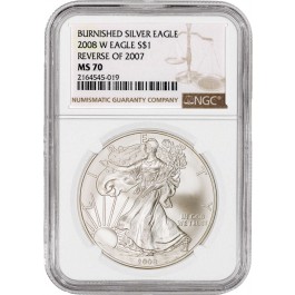 2008 W Reverse Of 2007 $1 1 oz .999 Burnished Silver American Eagle NGC MS70 #019