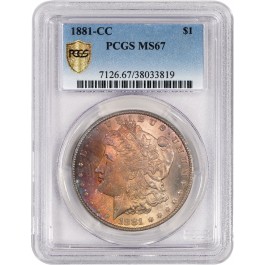 1881 CC Carson City $1 Morgan Silver Dollar PCGS Secure Gold Shield MS67 Toned