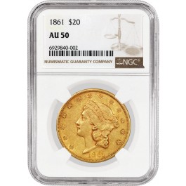 1861 $20 Liberty Head Double Eagle Gold NGC AU50 About Uncirculated Coin