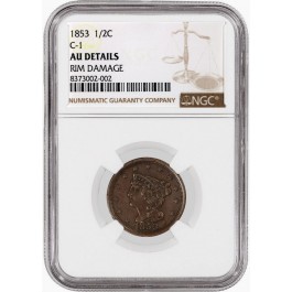 1853 1/2C Braided Hair Half Cent Cohen 1 C-1 NGC AU Details Rim Damage Coin