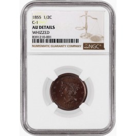 1855 1/2C Braided Hair Half Cent Cohen 1 C-1 NGC AU Details Whizzed Coin