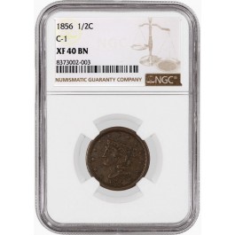 1856 1/2C Braided Hair Half Cent Cohen 1 C-1 NGC XF40 BN Brown Coin