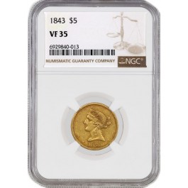 1843 $5 Liberty Head Half Eagle Gold NGC VF35 Very Fine Coin