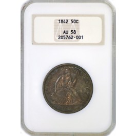 1842 50C Seated Liberty Half Dollar Silver Small Date Reverse Of '42 NGC AU58 