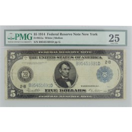 Series of 1914 $5 Federal Reserve Note of New York Fr#851a PMG VF25