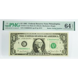 Series Of 1981 $1 FRN Philadelphia Fr#1911-Cm Mule Radar Note PMG Ch UNC 64 EPQ