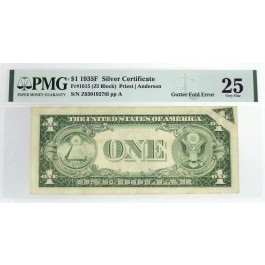 Series Of 1935 F $1 Silver Certificate Fr#1615 Gutter Fold Error Note PMG VF25