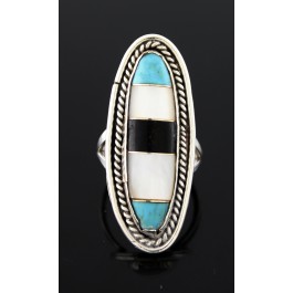 Old Pawn Navajo Native American Sterling Silver Inlaid Multi Stone Ring 8.25