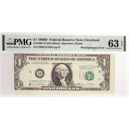 1969 D $1 FRN Cleveland Fr#1907-D Misalignment Error Note PMG Ch UNC 63 EPQ