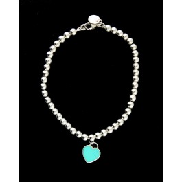 Return To Tiffany & Co Sterling Silver Blue Enamel Heart Tag 4mm Bead Bracelet
