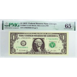 2013 $1 FRN Chicago Fr#3001-G Serial Number Ink Error Note PMG Gem UNC 65 EPQ