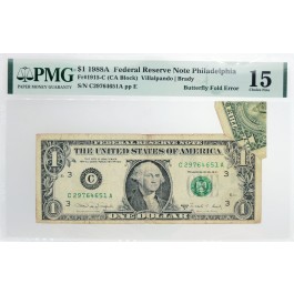 Series Of 1988 A $1 FRN Philadelphia Fr#1915-C Butterfly Fold Error Note PMG Ch F15
