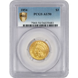1854 $3 Indian Princess Head Three Dollar Gold PCGS Secure Gold Shield AU50 Coin