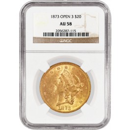 1873 Open 3 $20 Liberty Head Double Eagle Gold NGC AU58 About Uncirculated Coin