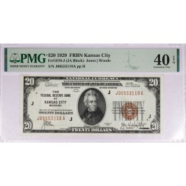 Series Of 1929 $20 Note FRBN Kansas City Fr#1870-J JA Block PMG XF40 EPQ