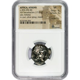 Attica Athens Greek Athena Owl AR Tetradrachm Silver 393-294 BC NGC Ancients VF
