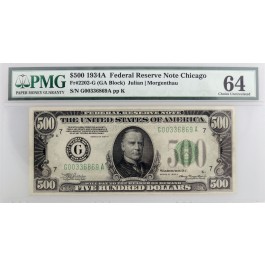 Series Of 1934 A $500 Bill FRN Chicago Fr#2202-G GA Block PMG Choice UNC 64