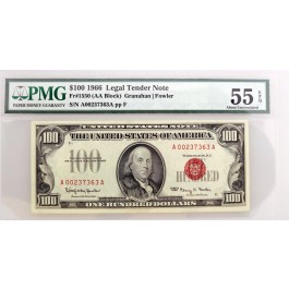 Series Of 1966 $100 Legal Tender Note Red Seal Fr#1550 AA Block PMG AU55 EPQ