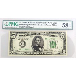 1928 B $5 FRN New York Fr#1952-Bdgs Dark Green Seal BA Block PMG Ch AU58 EPQ #13
