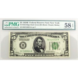 1928 B $5 FRN New York Fr#1952-Bdgs Dark Green Seal BA Block PMG Ch AU58 EPQ #14