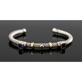 David Yurman Renaissance 14k Gold Sterling Silver 5mm Multi Stone Cuff Bracelet