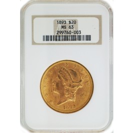 1893 $20 Liberty Head Double Eagle Gold NGC MS63 Old Fat Holder