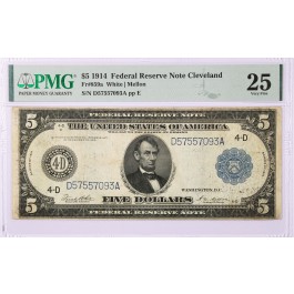 1914 $5 Large Size Federal Reserve Note Cleveland Fr#859a PMG VF25 Corner Damage