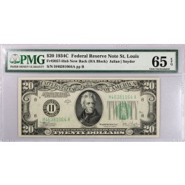 Series 1934 C $20 Small Size Note FRN St. Louis Fr#2057-Hnb PCGS Gem UNC 65 EPQ