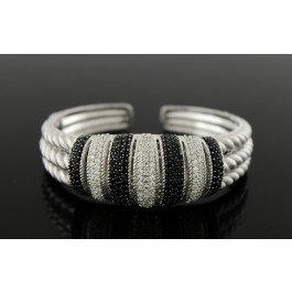 Judith Ripka Textured Sterling Silver CZ Black Spinel Hinged Cuff Bracelet 6.75"