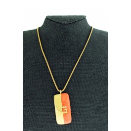 1977 Givenchy Paris New York Gold Tone Orange Resin Logo Pendant Necklace 23"