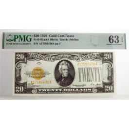 Series Of 1928 $20 Small Size Gold Certificate Fr#2402 PMG Choice UNC 63 EPQ