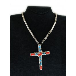 LP Navajo Native American Sterling Silver Coral Turquoise Cross Pendant Necklace