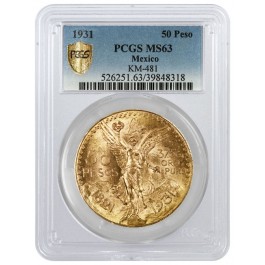 1931 50 Peso Mexico Gold 1.205 oz KM-481 PCGS Secure Gold Shield MS63 Coin