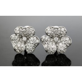 Pair Of Signed EFFY 14k White Gold Diamond Flower Omega Earrings #11830