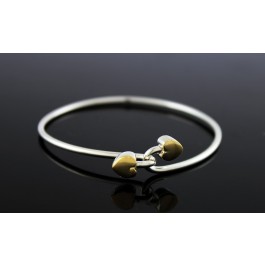 1990 Tiffany & Co 18k Gold Sterling Silver Double Heart Hook Bangle Bracelet 6.5