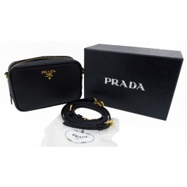 Authentic Prada Saffiano Black Leather Crossbody Camera Bag Purse NIB