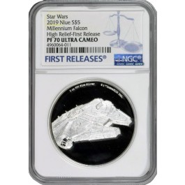 2019 $5 Niue Proof Star Wars Millennium Falcon High Relief 2 oz .999 Silver NGC PF70 UC FR