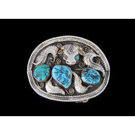 Vintage LP Navajo Native American Sterling Silver Turquoise Bull Belt Buckle