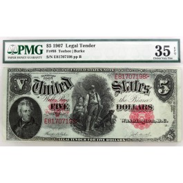 Series Of 1907 $5 Legal Tender Note Woodchopper Fr#88 PMG CH VF35 EPQ 