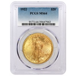 1922 $20 St Gaudens Double Eagle Gold PCGS MS64 Brilliant Uncirculated Coin