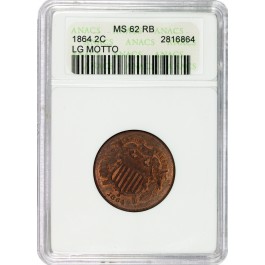1864 2C Two Cent Piece Large Motto ANACS MS62 RB Red Brown Old Soapbox Holder