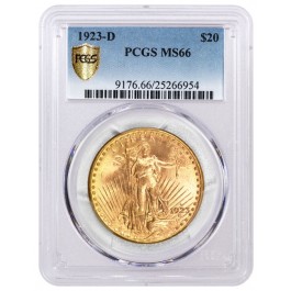 1923 D $20 St Gaudens Double Eagle Gold PCGS Secure Gold Shield MS66 Coin