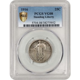 1916 25C Standing Liberty Quarter Silver PCGS Secure Gold Shield VG8 Key Date