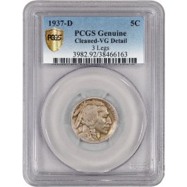 1937 D 5C 3 Legged Buffalo Nickel PCGS Secure Gold Shield VG Detail Cleaned 